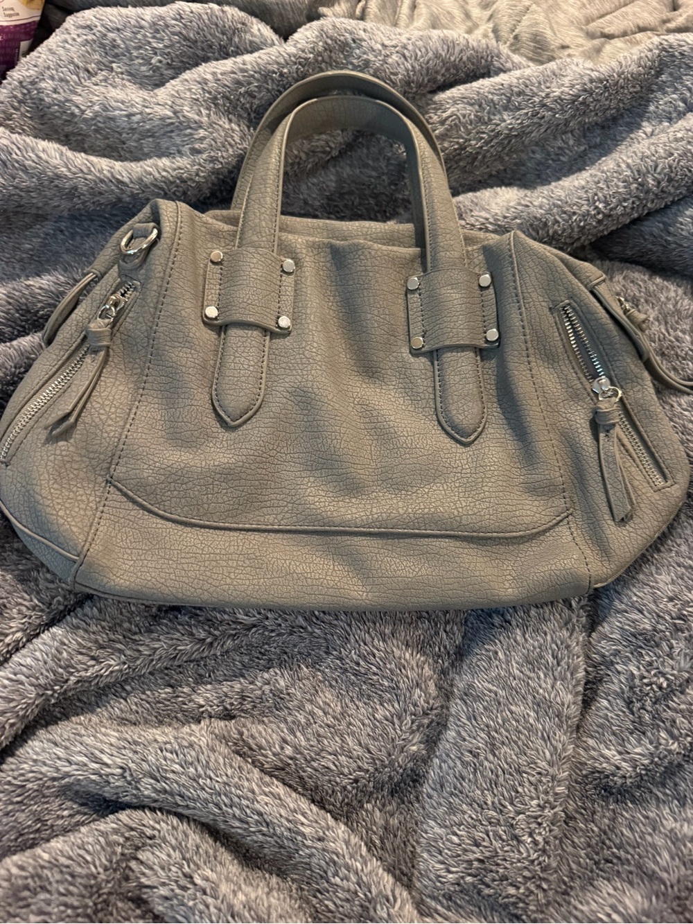 Classic Gray Leather-Style Satchel Handbag